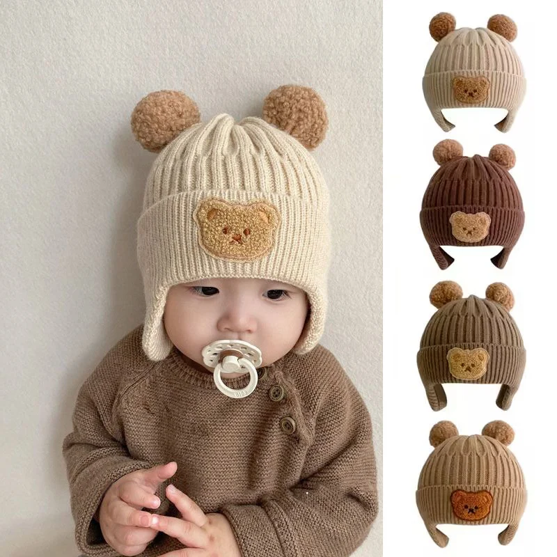 Infant Head Protector - Детская шерстяная шапка с милым медведем,
