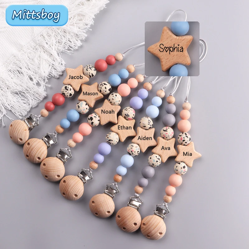 Baby Pacifier Clip - НОВОЕ индивидуальное имя, деревянная персонализированная цепочка